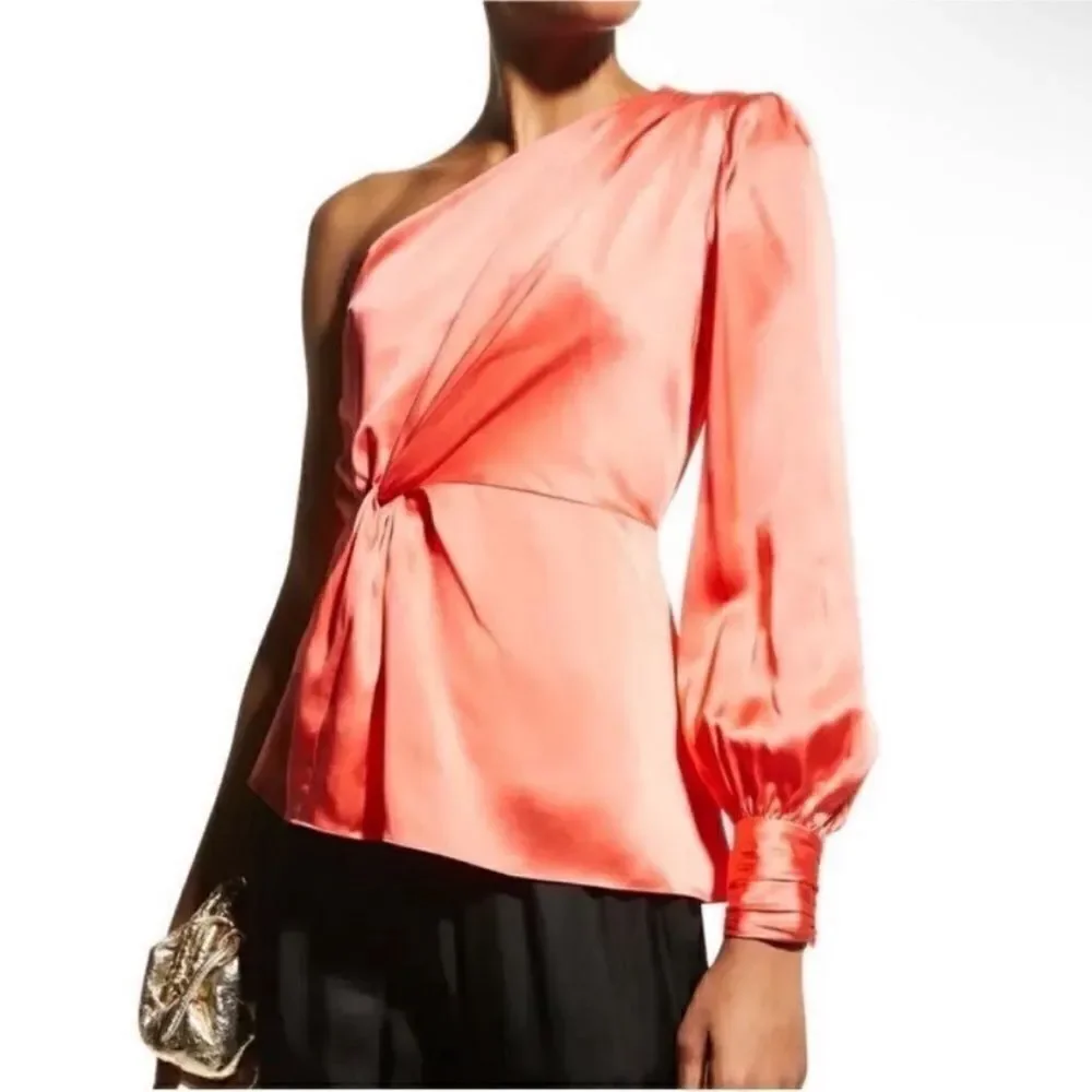 Cinq a Sept NWT Stace One-Shoulder Silk Blouse in Neon Coral Size XS